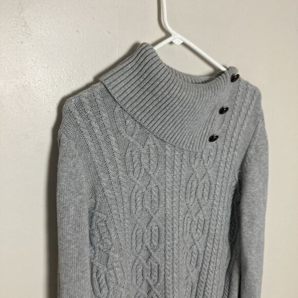 Bass Womens Large Gray Long Sleeve High Neck Button Cable Knit Fisherman Sweater - Picture 6 of 15